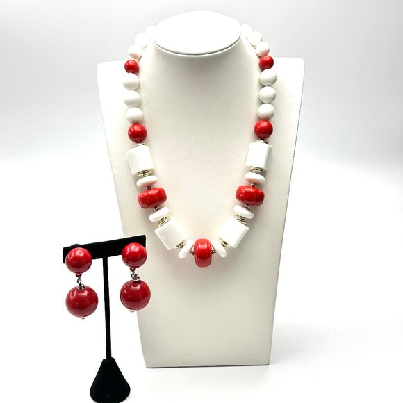Vintage Red & White Mod Geometric Lucite Necklace & Earring Set — 1960s — EUC - Picture 1 of 11